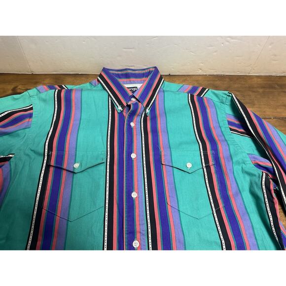 Vintage Wrangler Brushpopper Western Striped Button Up X-Long Tails 17x36 USA - Picture 5 of 15